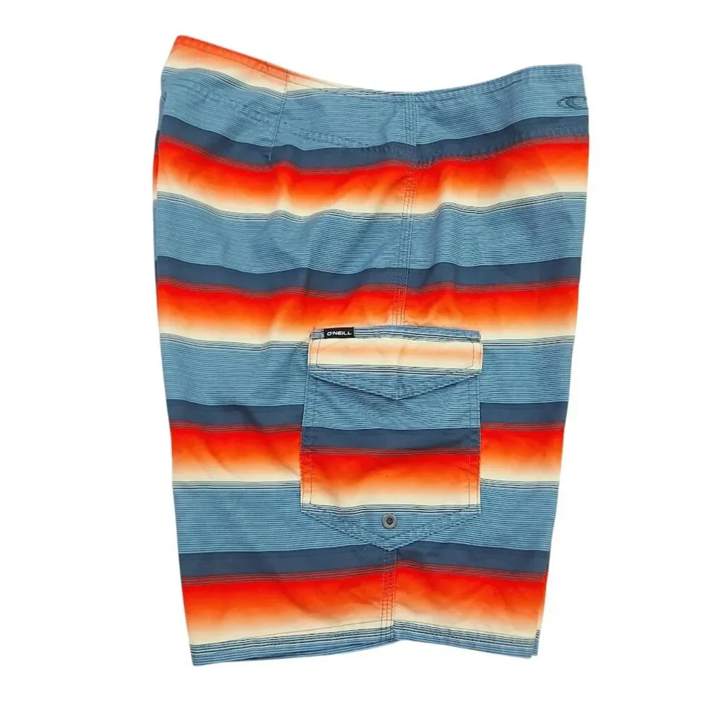 O'Neill Mens Board Shorts 32 Blue Orange Striped Swim Trunks Cargo Pocket Beach